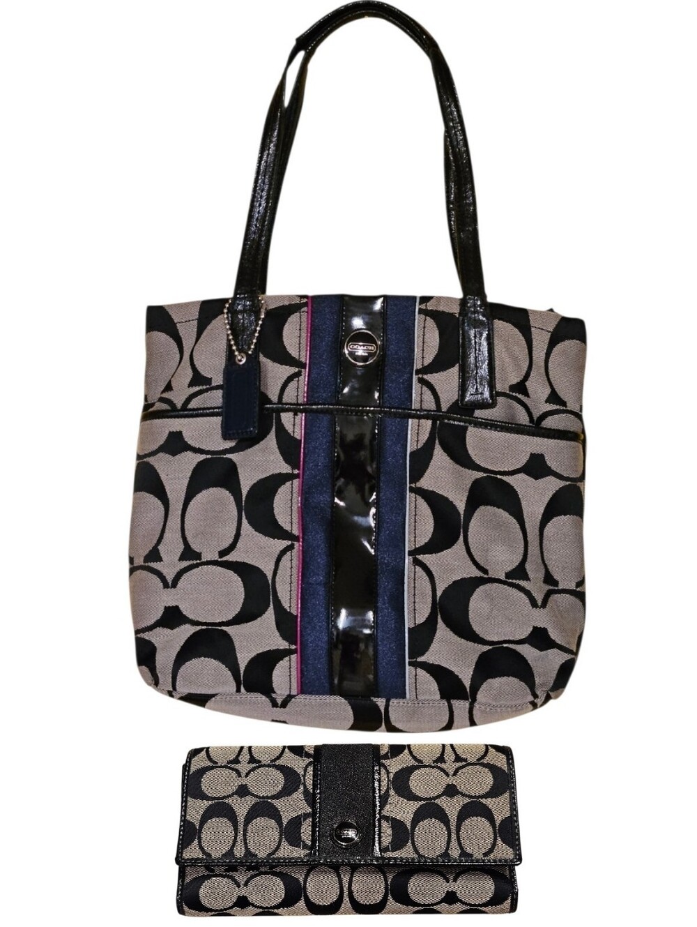 👜Coach Canvas Tote with Black Logo Print, Navy, Pink & Gray Center Stripe